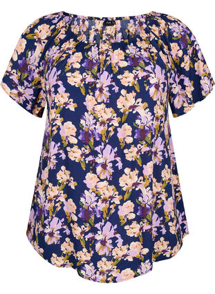 Gebloemde viscose blouse met korte mouwen, Small Flower AOP, Packshot image number 0