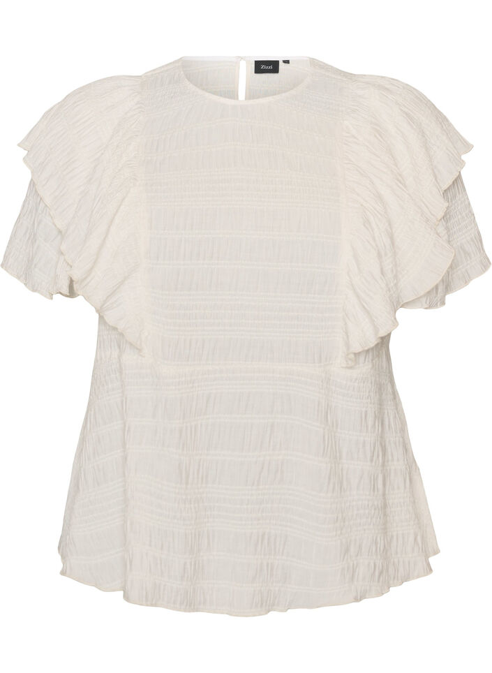 Blouse met smockstructuur en ruchesmouwen, Vanille, Packshot image number 0
