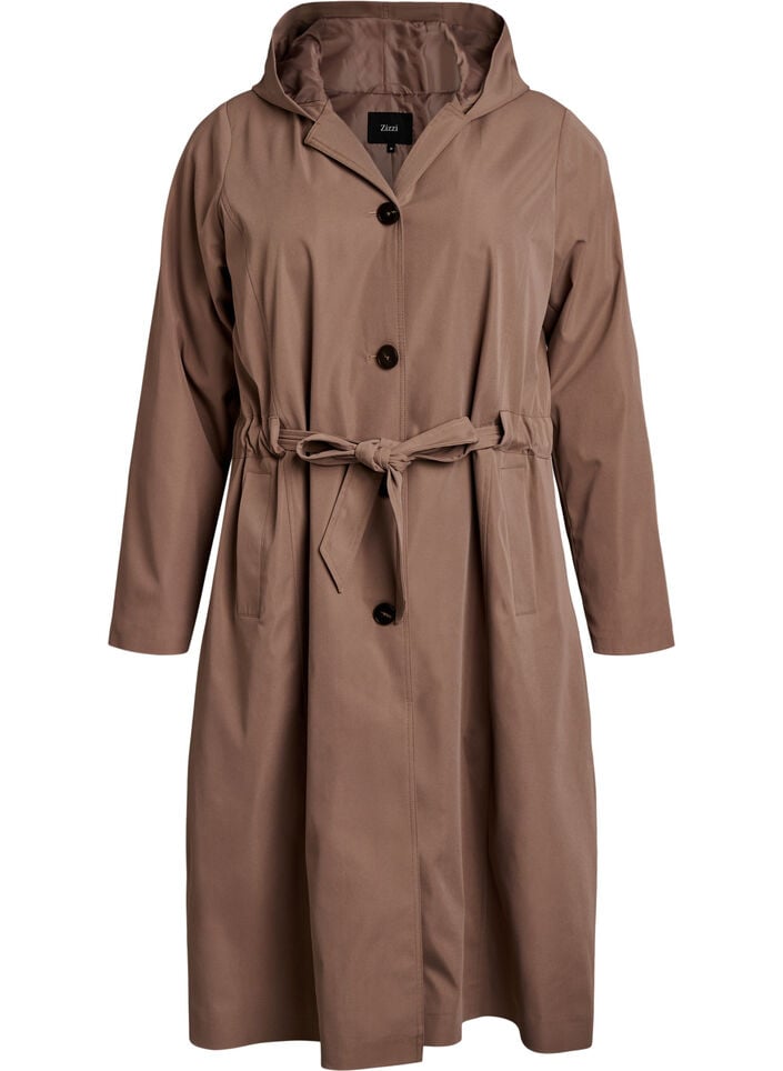 Trenchcoat met capuchon en strikceintuur, Bruin, Packshot image number 0