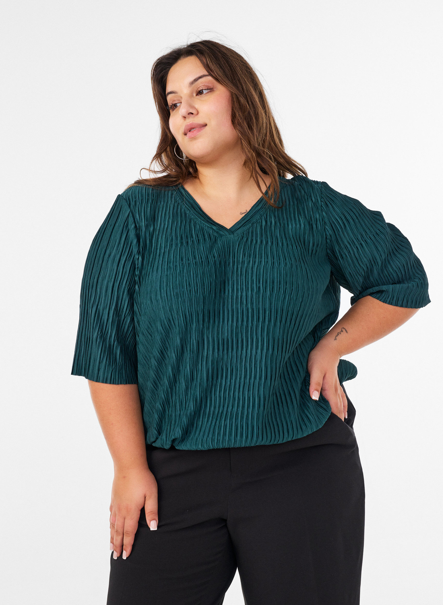 ZizziBlouse met golvende textuur en ballonvorm, Groen, Model image number 0