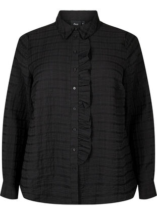 Shirt met structuur en ruches, Black, Packshot image number 0