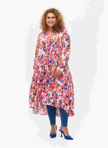 Viscose midi-jurk met lange mouwen en print, Rosebloom GraphicAOP, Model image number 0