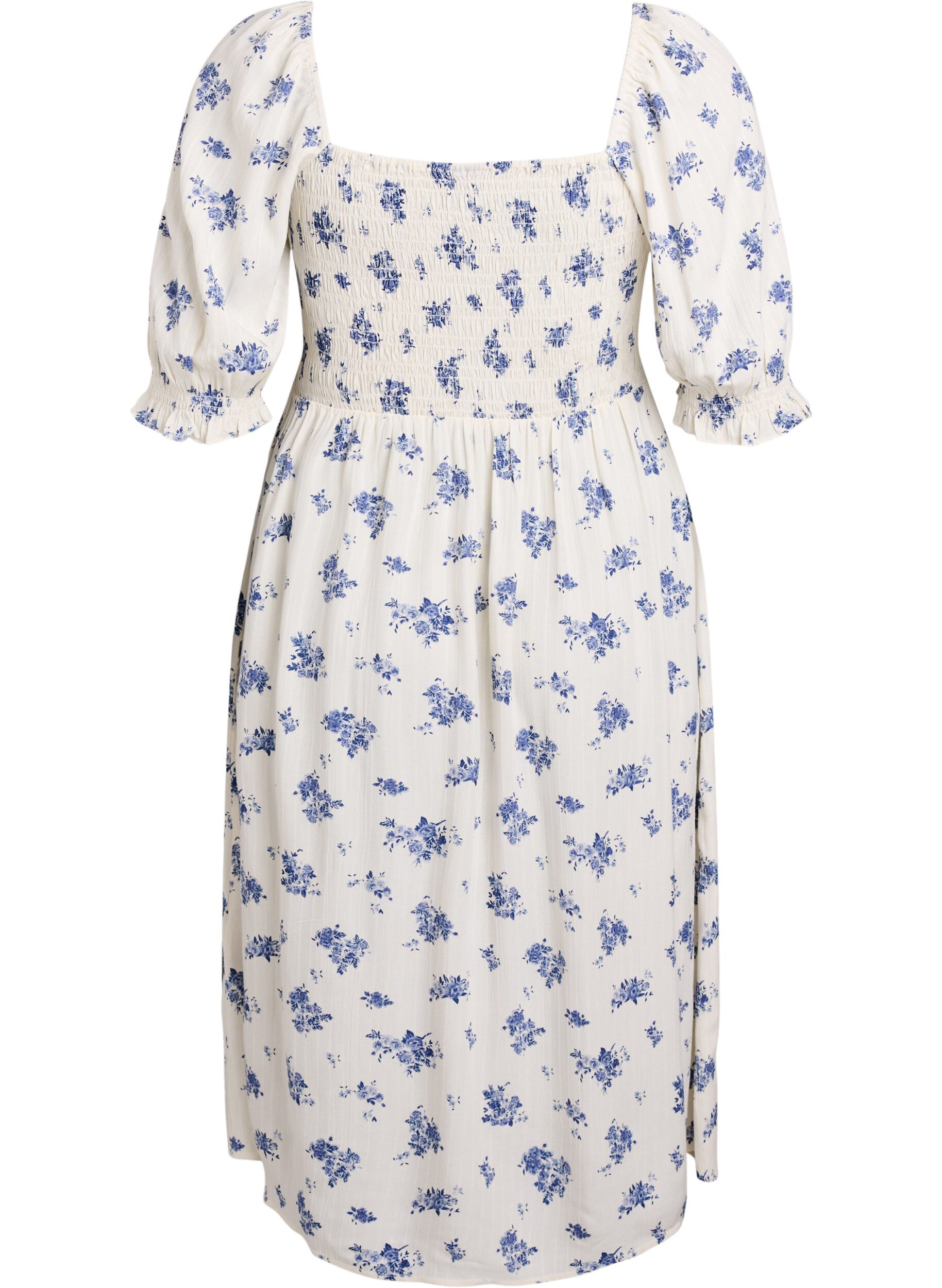 ZizziGebloemde viscose midi-jurk met smock, Wit, Packshot image number 1
