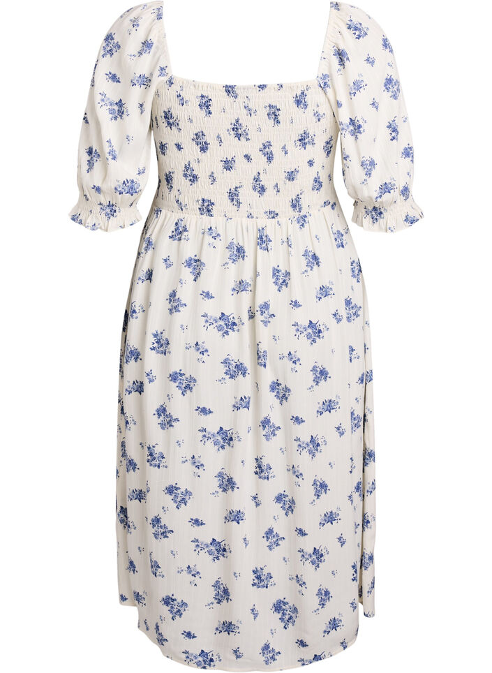 Gebloemde viscose midi-jurk met smock, Wit, Packshot image number 1