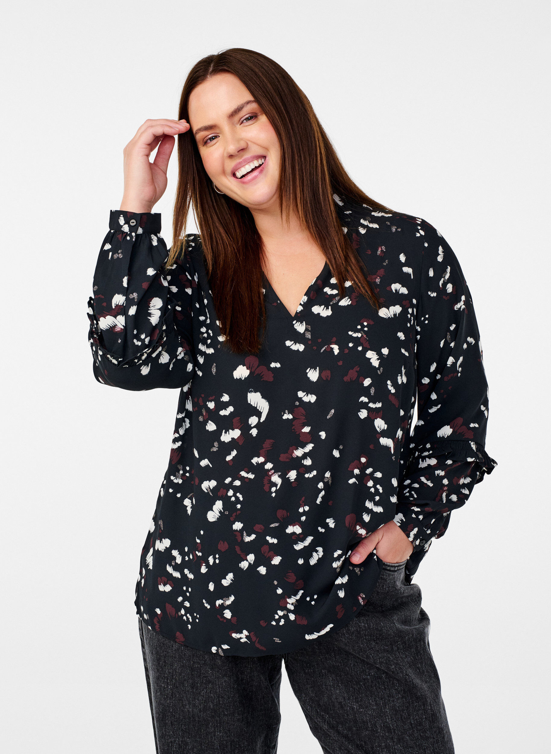 Zizzi Blouse met print en ruchedetails, Zwart, Model image number 0
