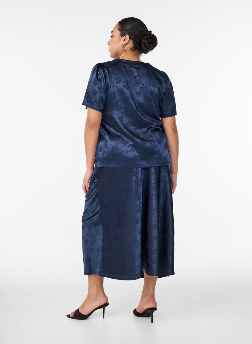 Satijnen rok met een tonale bloemenprint, Blauw, Model image number 1