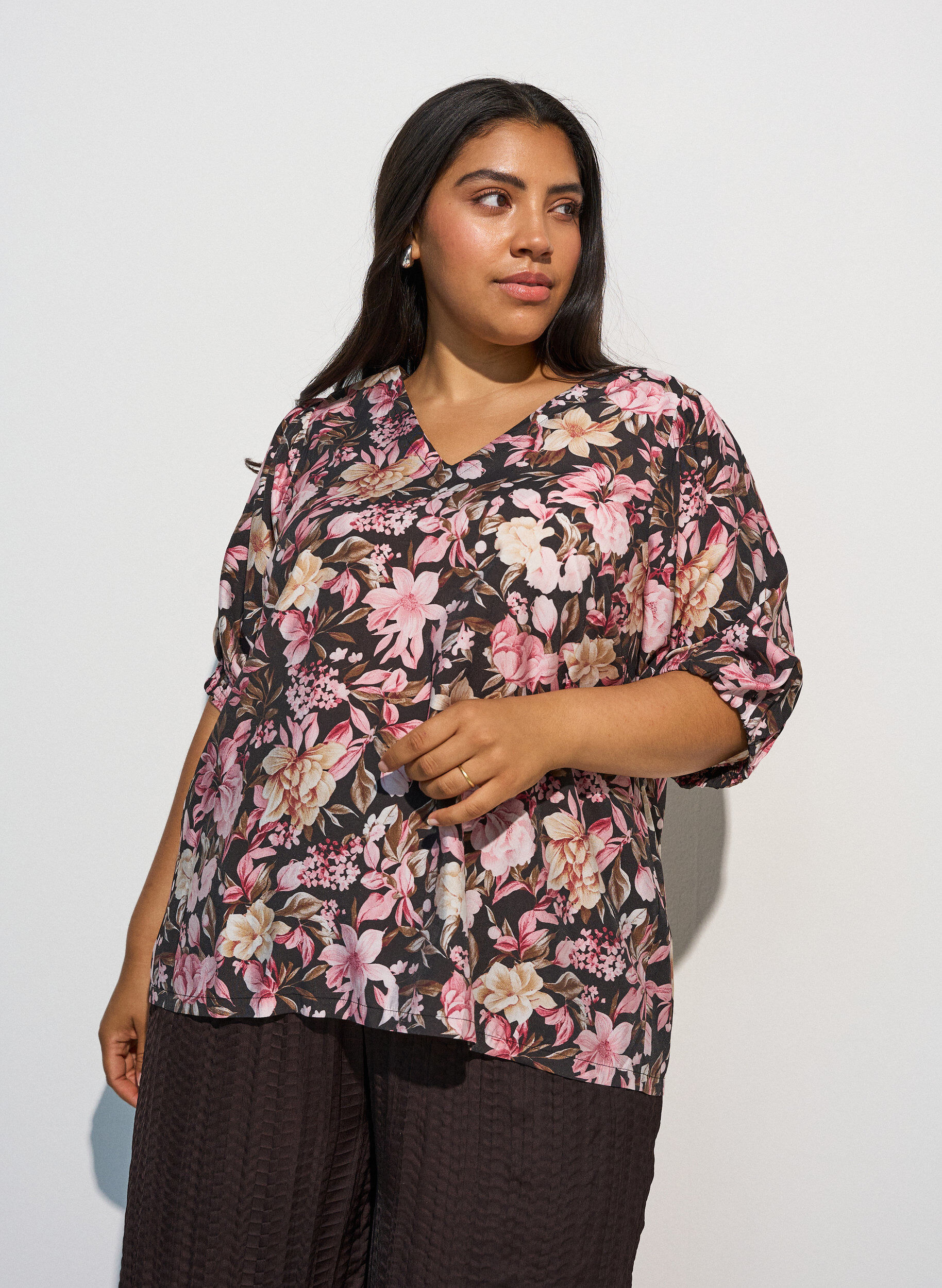 Viscose blouse met V-hals, Roze, Model