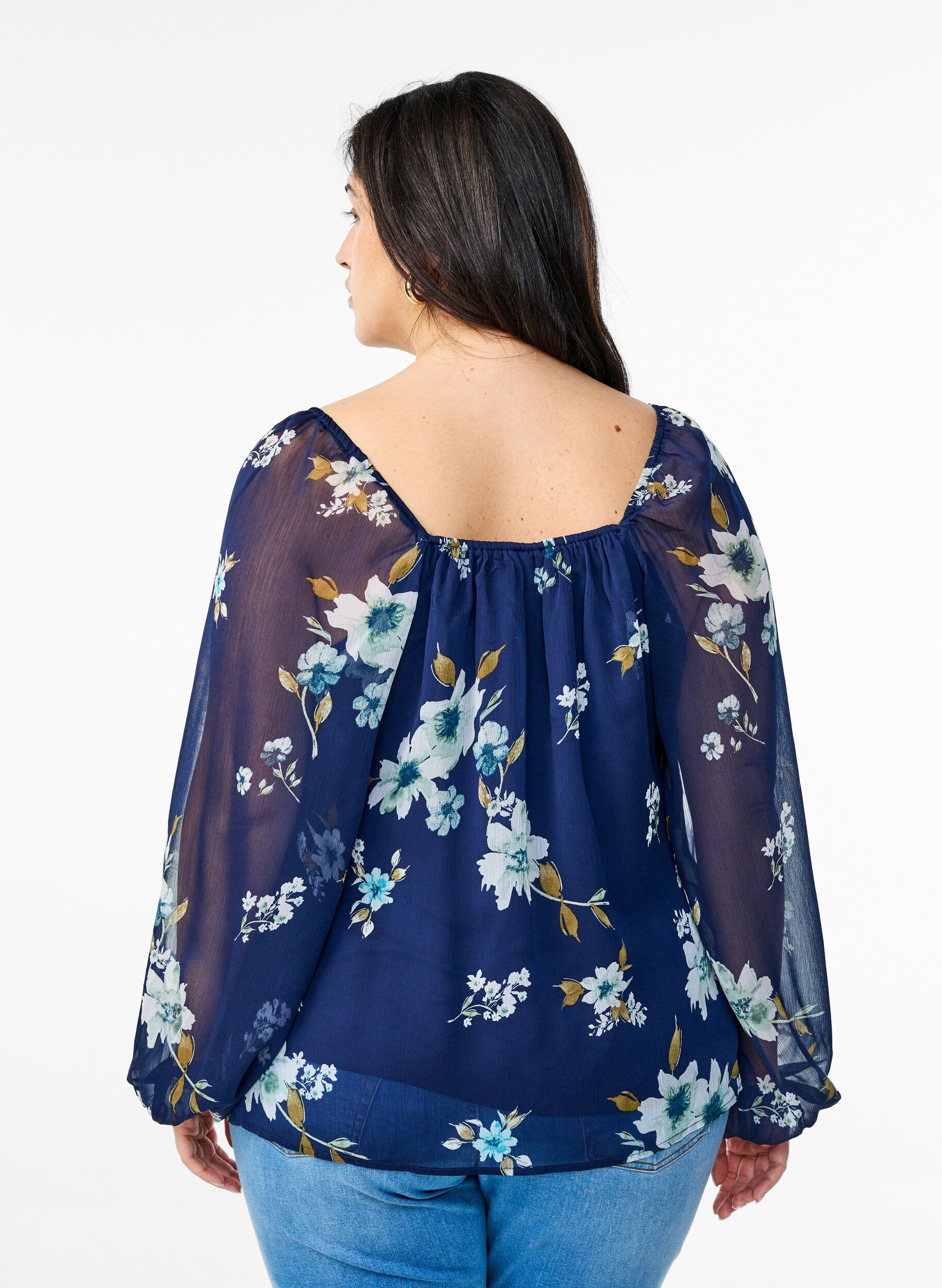Zizzi Chiffon blouse met bloemenprint en lange mouwen, Blauw, Model image number 2