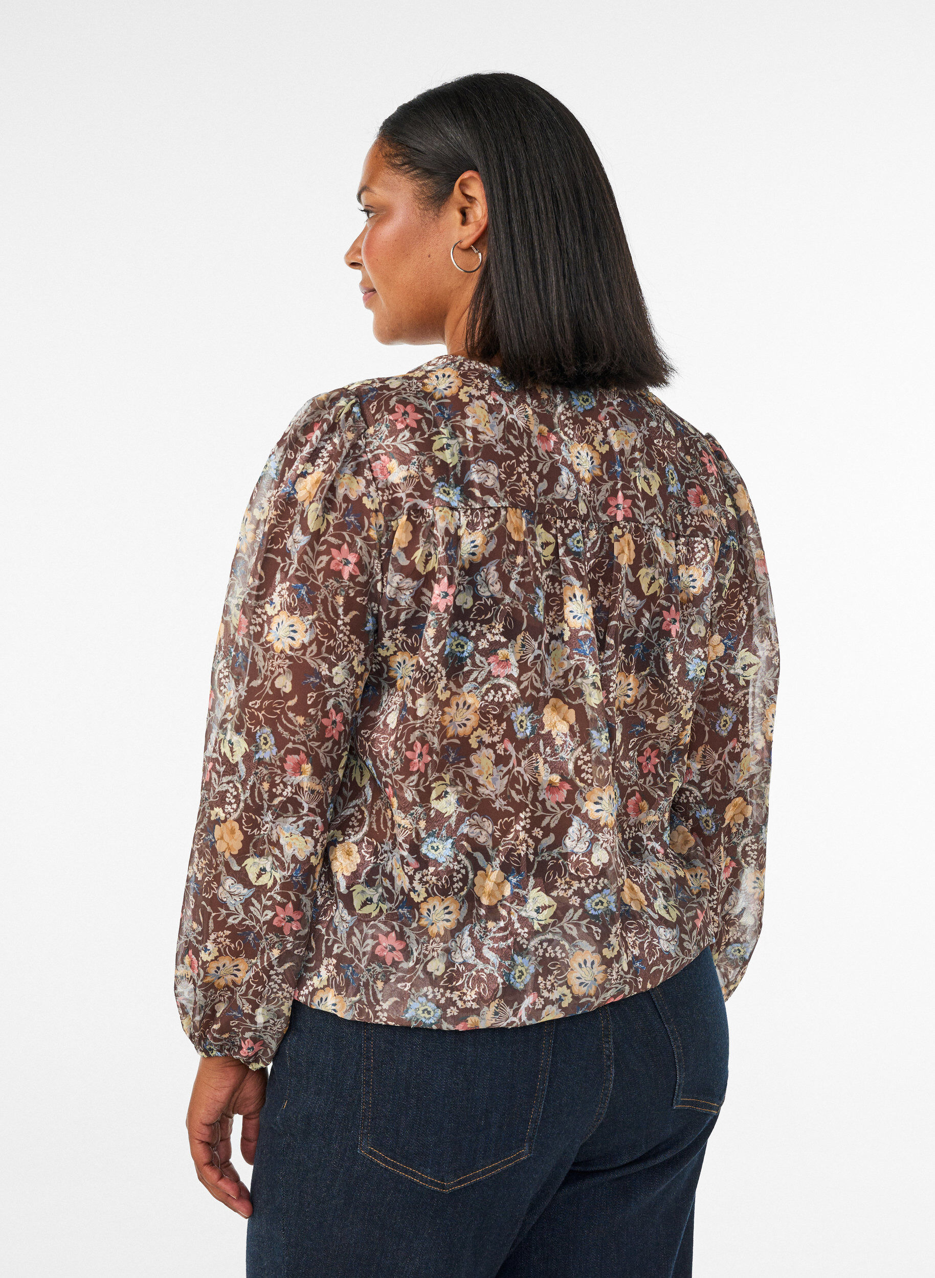 ZizziBlouse met bloemenprint en ballonnenmouwen, Bruin, Model image number 2