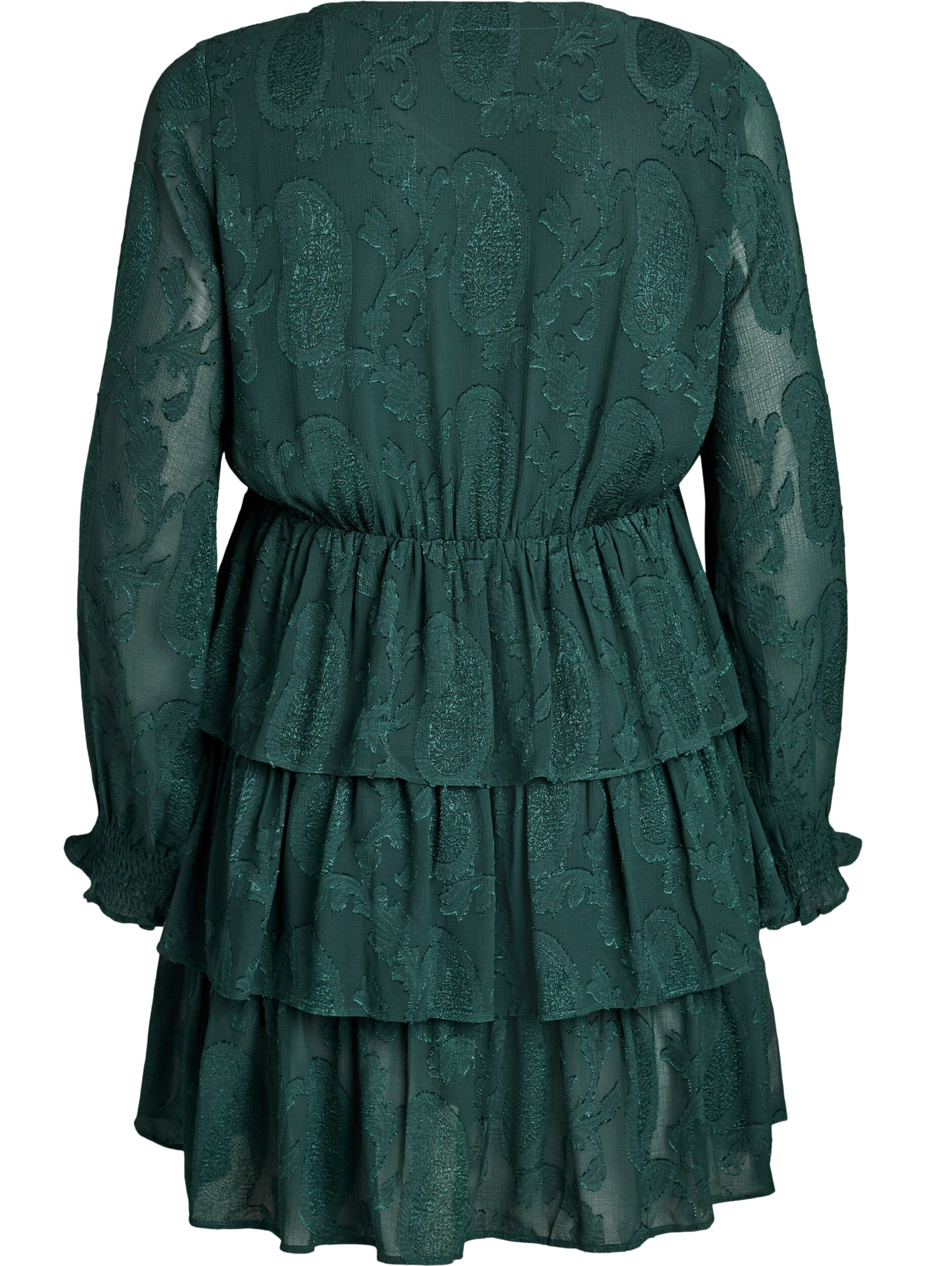 Zizzi Korte jurk met ruches en een textuurpatroon, Groen, Packshot image number 1