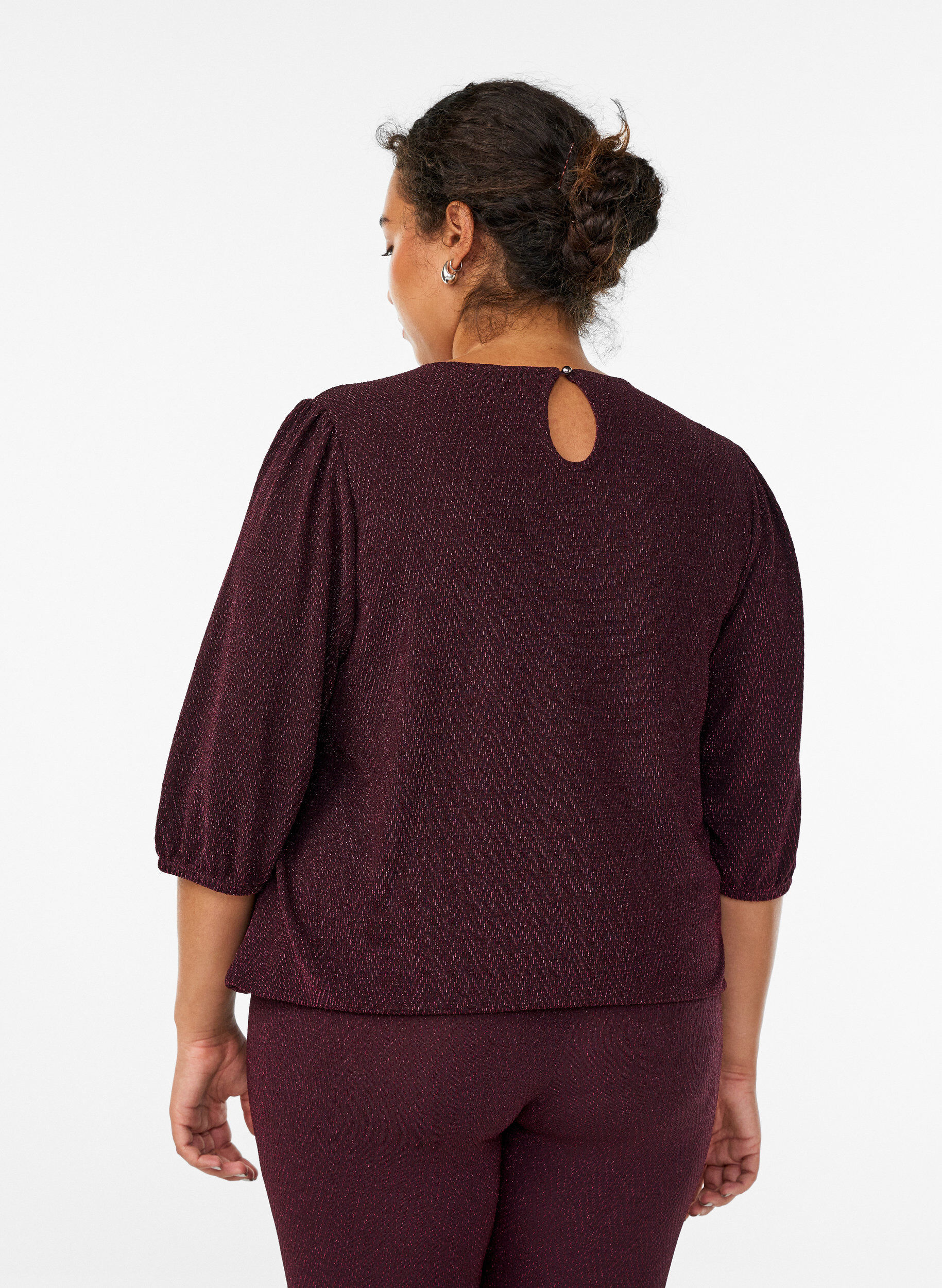 Zizzi Blouse met glitterpatroon en 3/4 mouwen, Donker Bordeaux, Model image number 2
