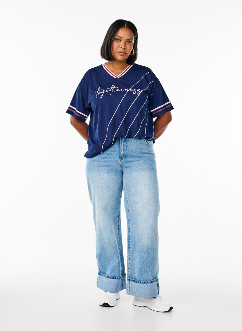 Sportief T-shirt met strepen en tekstmotief, Blauw, Model image number 1