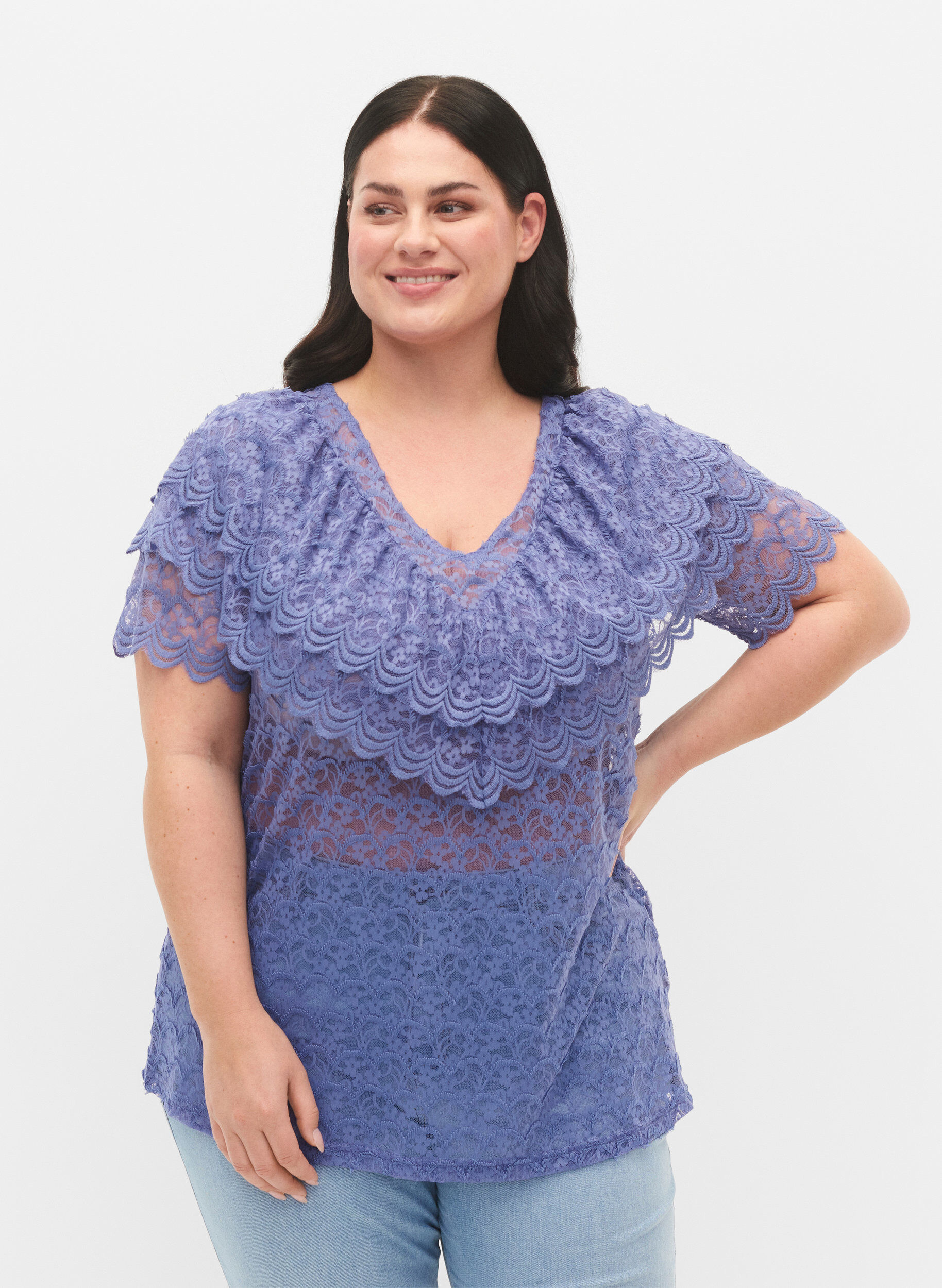 Zizzi Blouse met korte mouwen en ruches, Paars, Model image number 0