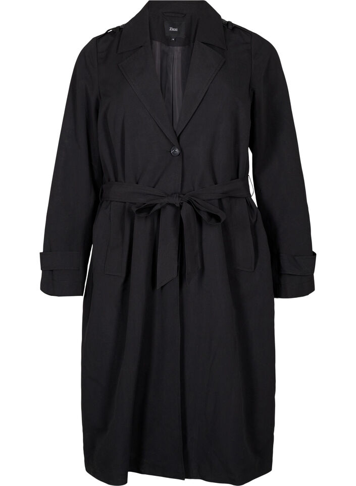 Lange trenchcoat met riem, Black, Packshot image number 0