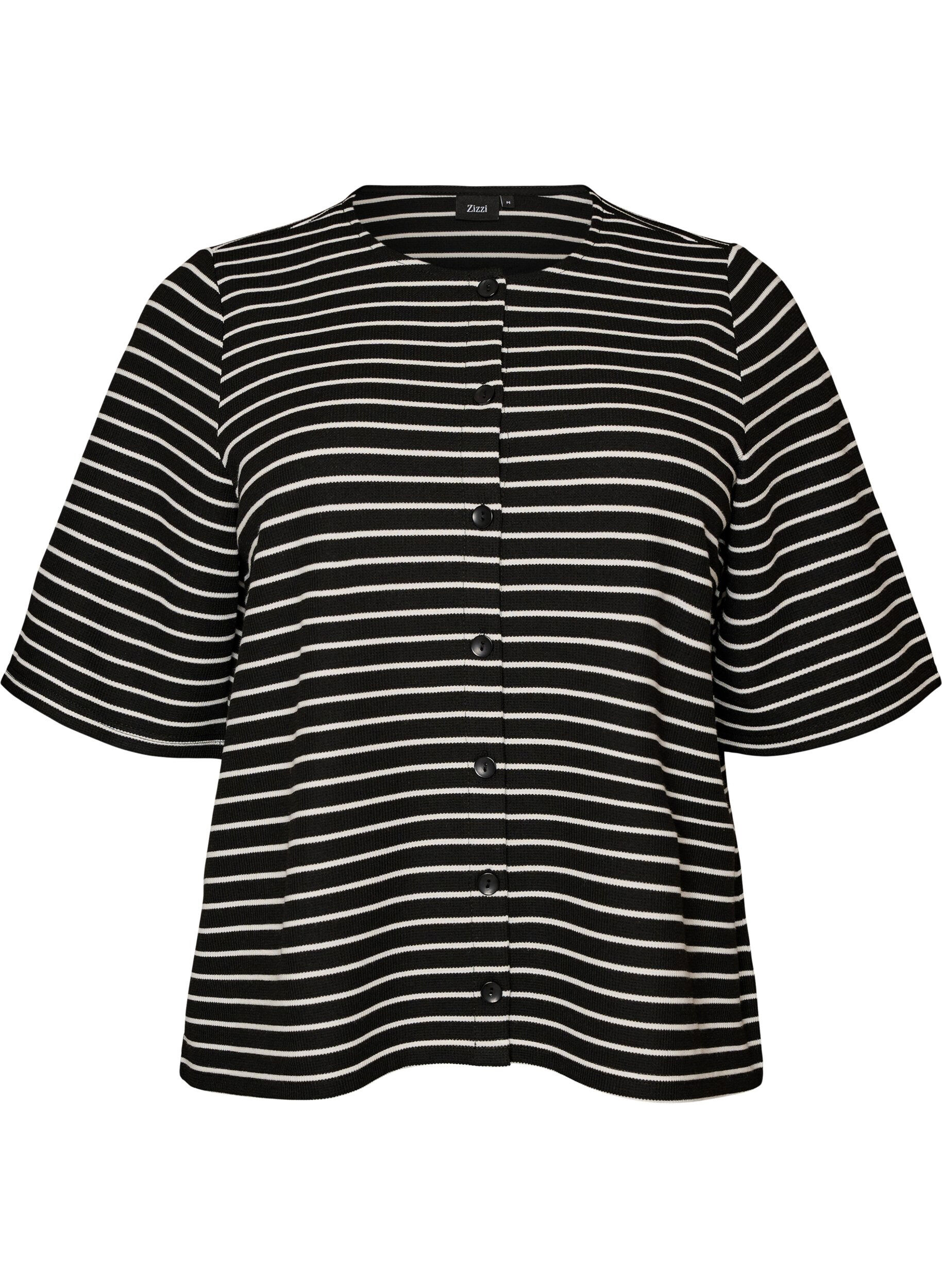 ZizziBlouse met een geribde textuur en knoopsluiting, Zwart, Packshot image number 0