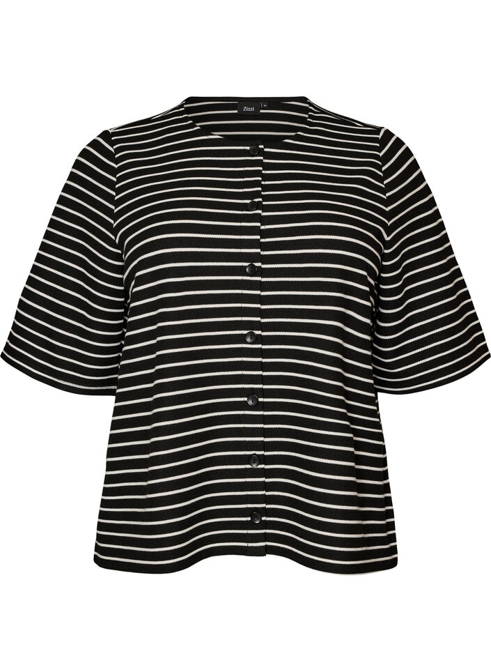 Blouse met een geribde textuur en knoopsluiting, Zwart, Packshot image number 0