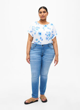 Viscose blouse met korte mouwen en bloemen, White Blue AOP, Model image number 2