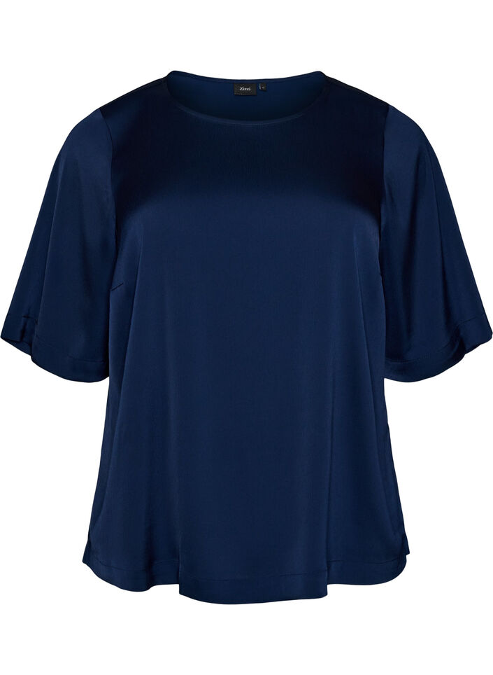 Satijnen blouse met ellebooglange mouwen, Blauw, Packshot image number 0