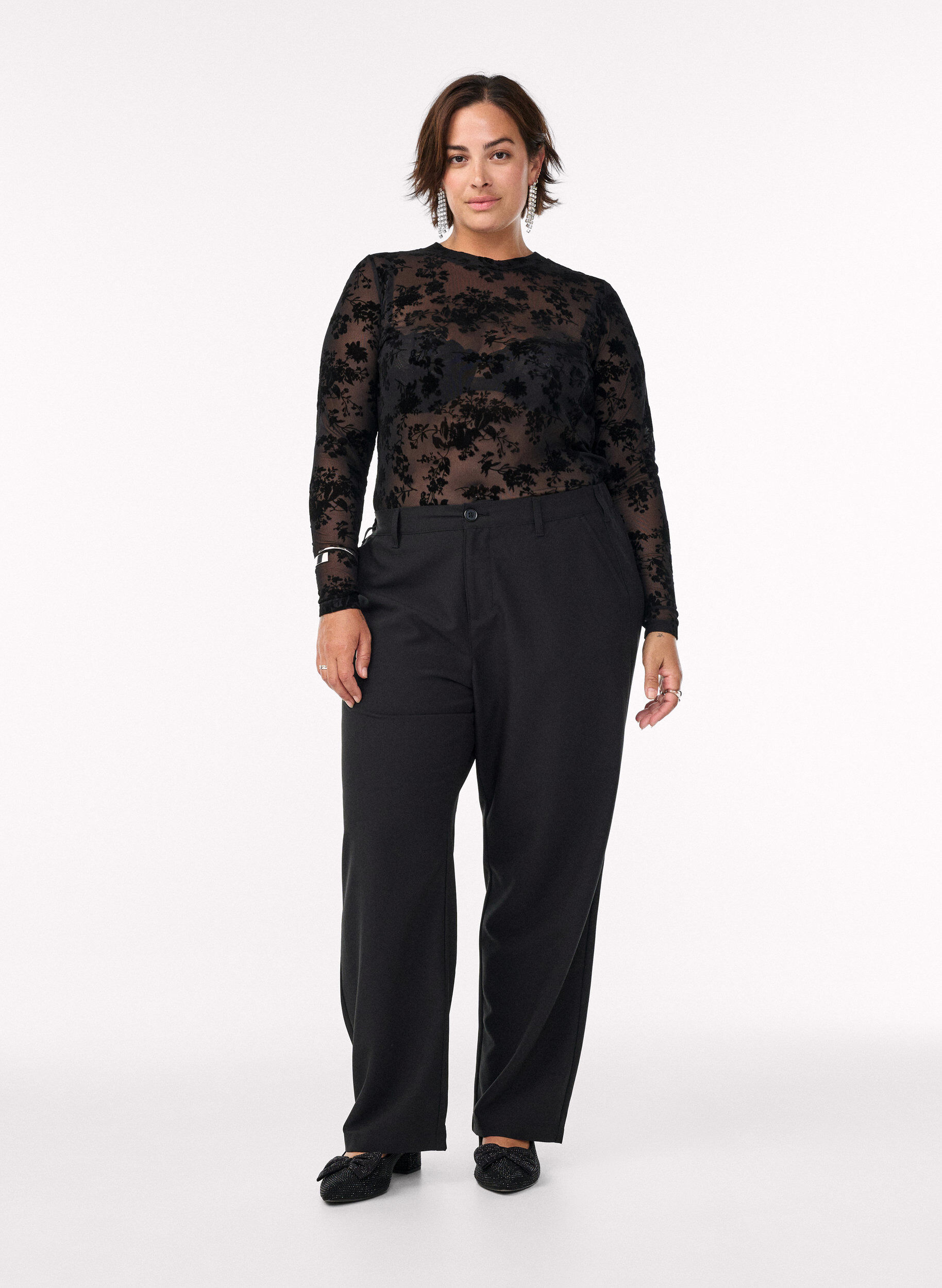 Zizzi Mesh blouse met bloemenpatroon, Zwart, Model image number 1