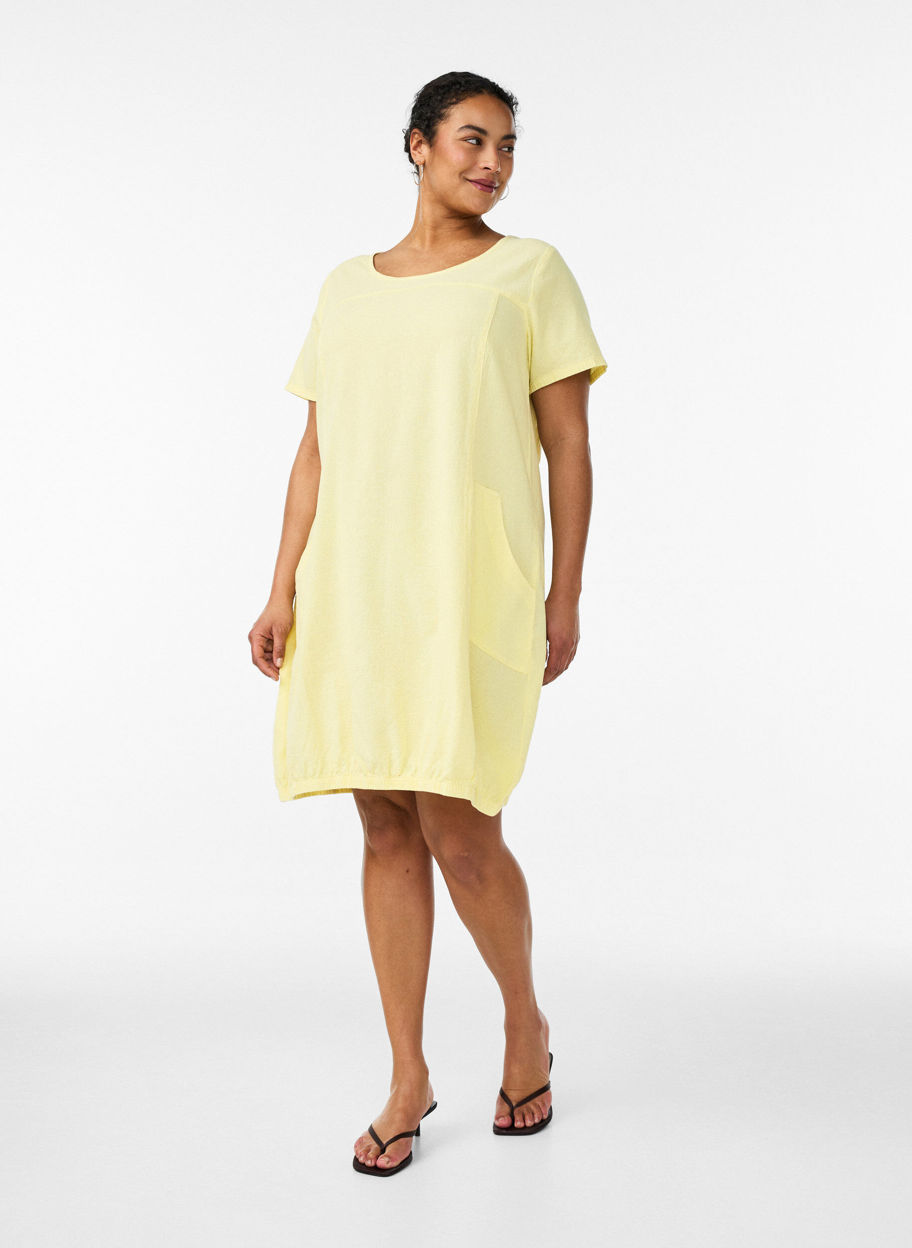 ZizziKatoenen jurk met korte mouwen, Geel, Model image number 1