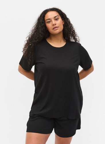 T-shirt met korte mouwen in ribstof, Black, Model image number 0