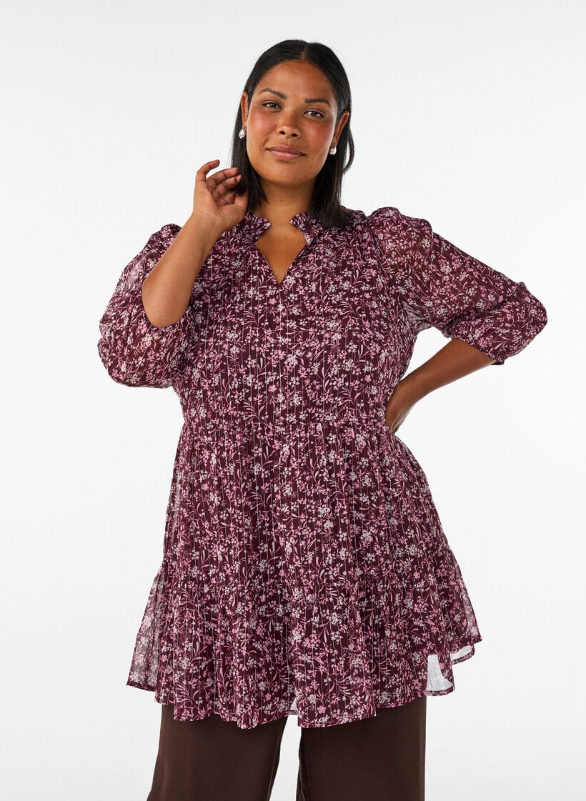 Tuniek met bloemenprint en glitterdraden, Rood, Model image number 0
