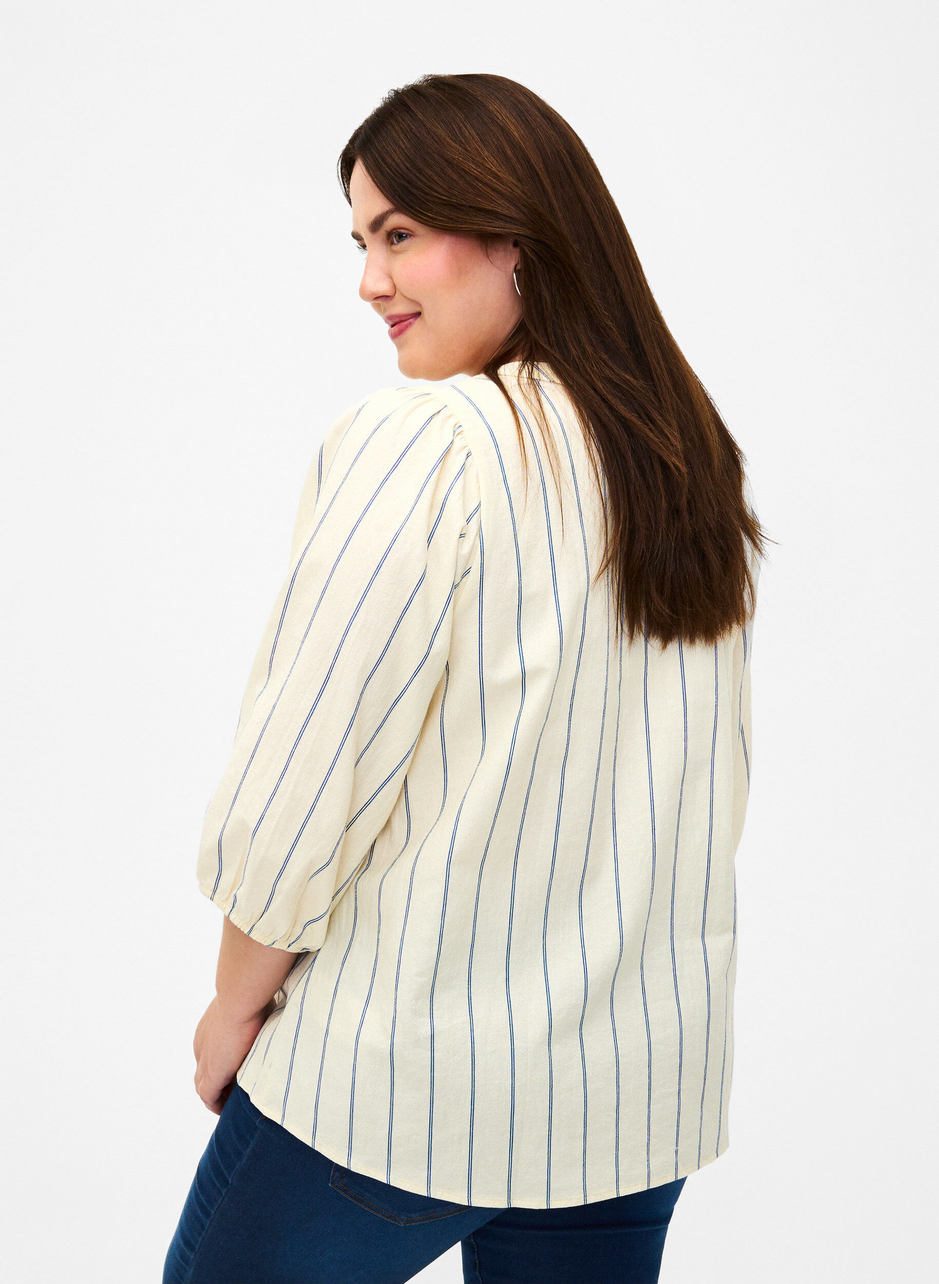 Zizzi Katoenen blouse met 3/4 mouwen en strepen, Eggnog Stripe, Model image number 1