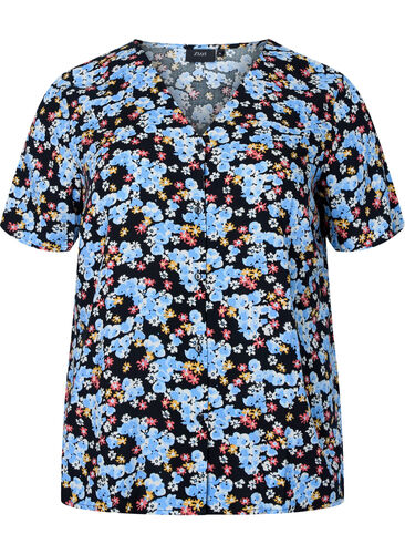 Viscose nachthemd met print, Black Blue Flower, Packshot image number 0