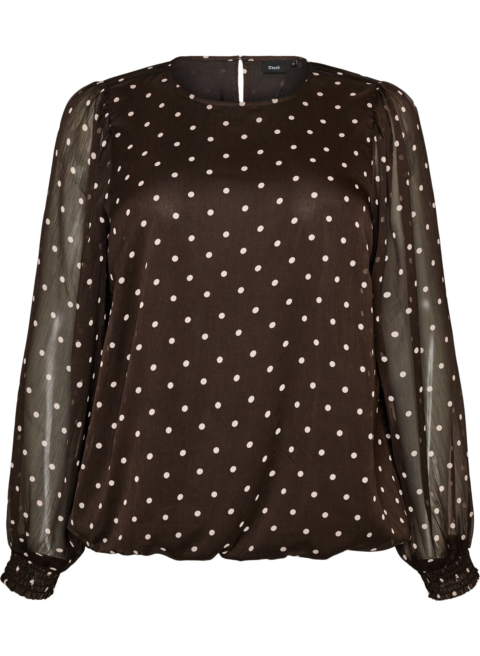 ZizziChiffon blouse met stippen en doorschijnende mouwen, Bruin, Packshot image number 0