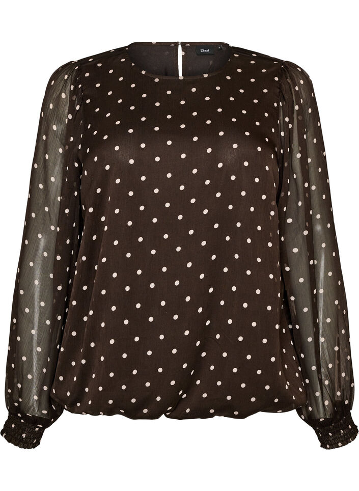 Chiffon blouse met stippen en doorschijnende mouwen, Bruin, Packshot image number 0