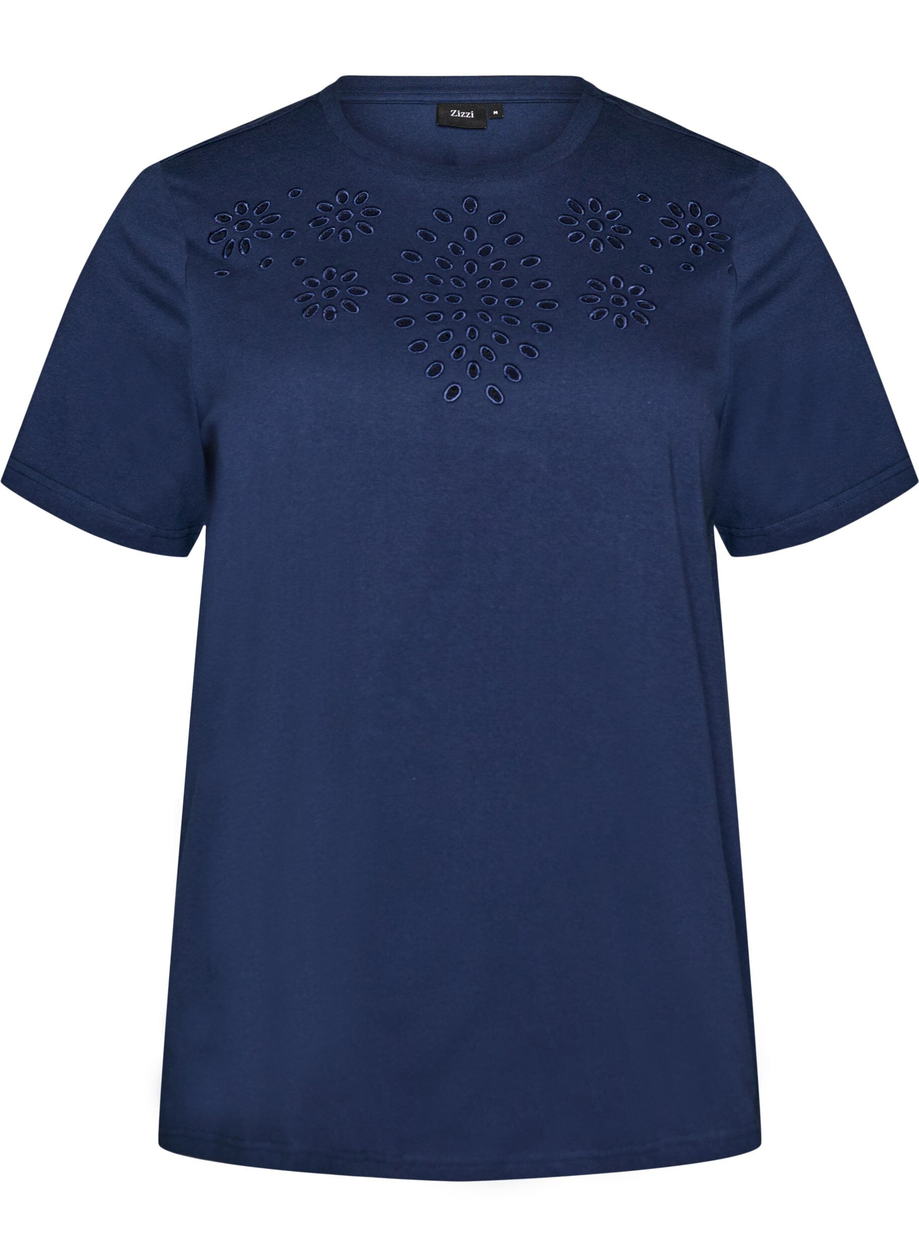 ZizziT-shirt van biologisch katoen met open broderie, Blauw, Packshot image number 0