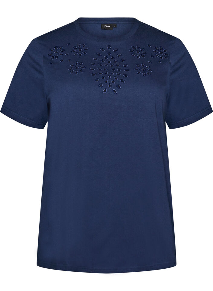 T-shirt van biologisch katoen met open broderie, Blauw, Packshot image number 0