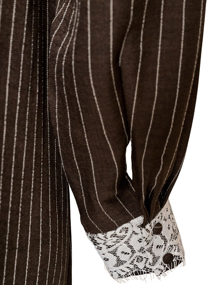 Jurk tot op de knie met krijtstrepen en kanten bies, Bruin, Packshot image number 3