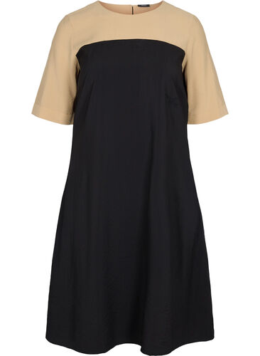 Viscose midi-jurk met colour-block, Black Comb, Packshot image number 0
