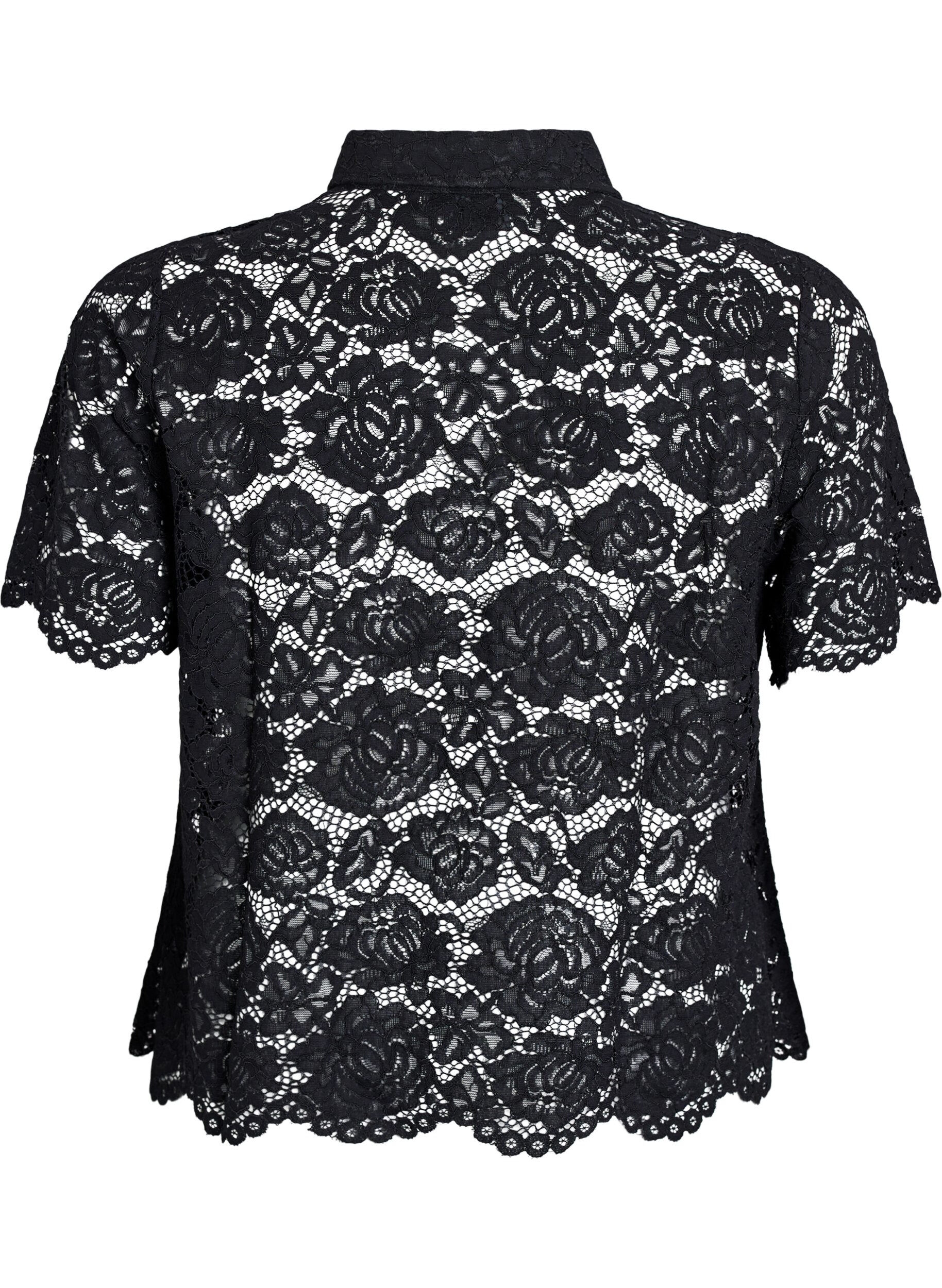 Zizzi Kanten shirt blouse met parelknopen, Zwart, Packshot image number 1