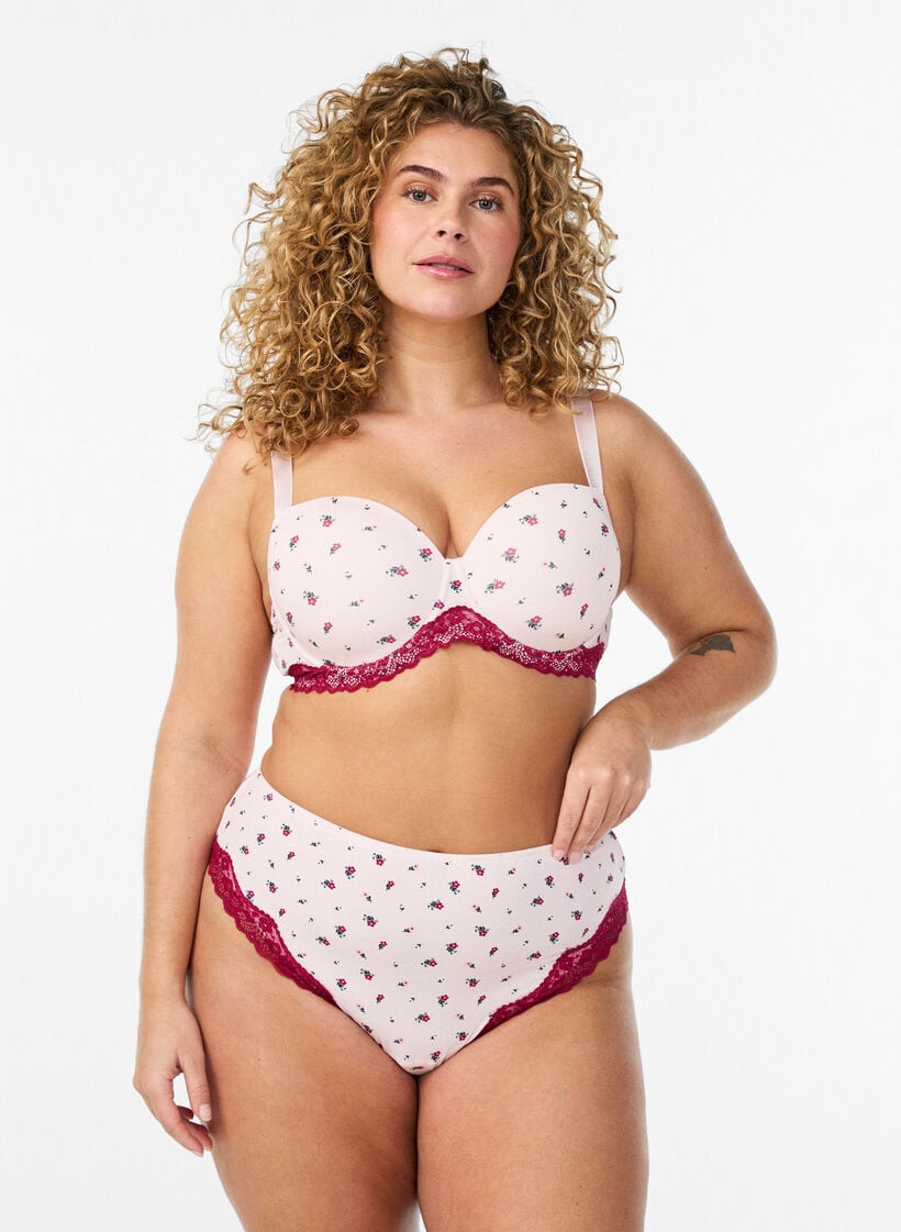 Brazilian slip met bloemenprint en kant, Roze, Model image number 0