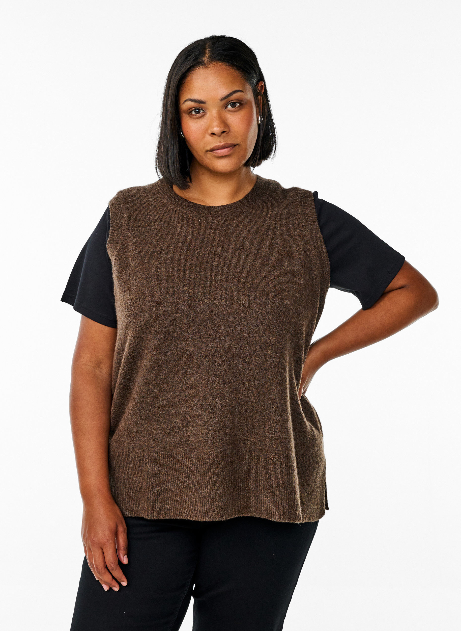 Zizzi Gebreid vest met geribbelde randen, Groen, Model image number 0