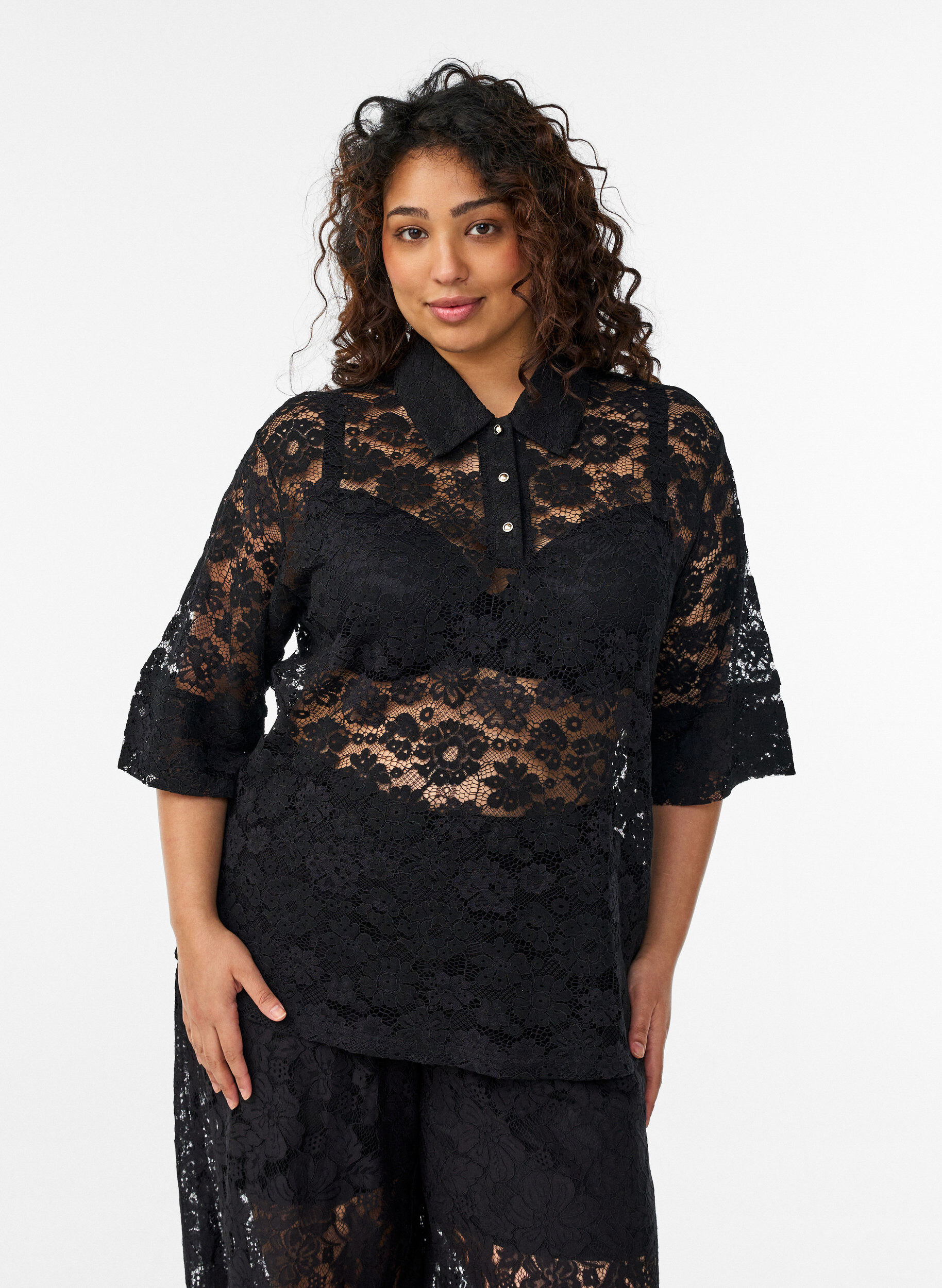 Zizzi Kanten blouse met kraag en 1/2 mouwen, Zwart, Model image number 0