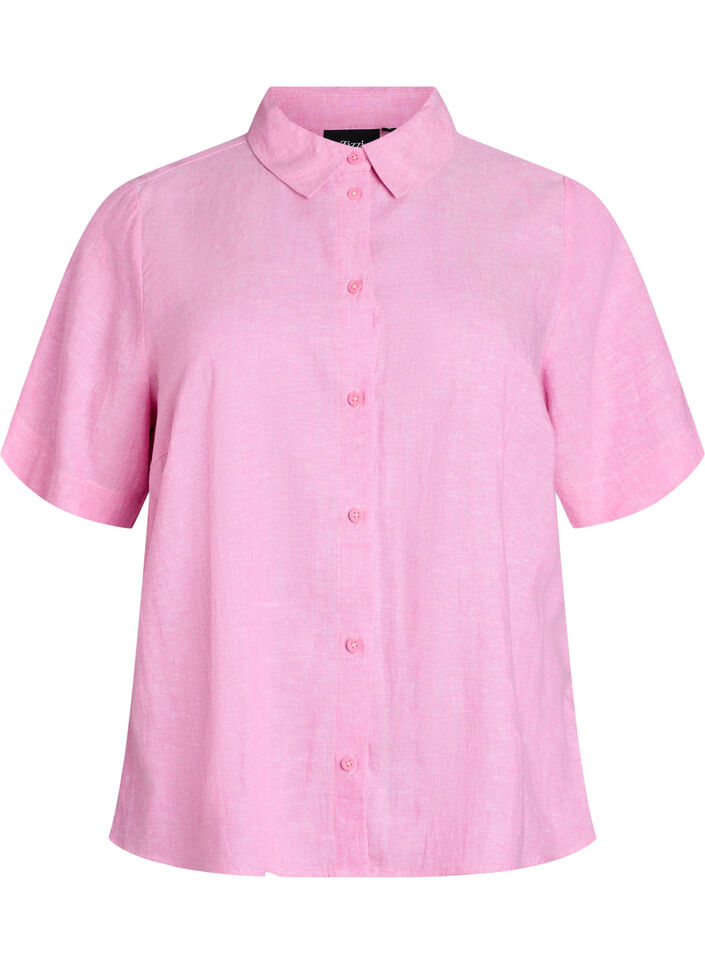 Shirt met korte mouwen in linnen en viscose, Roze, Packshot image number 0