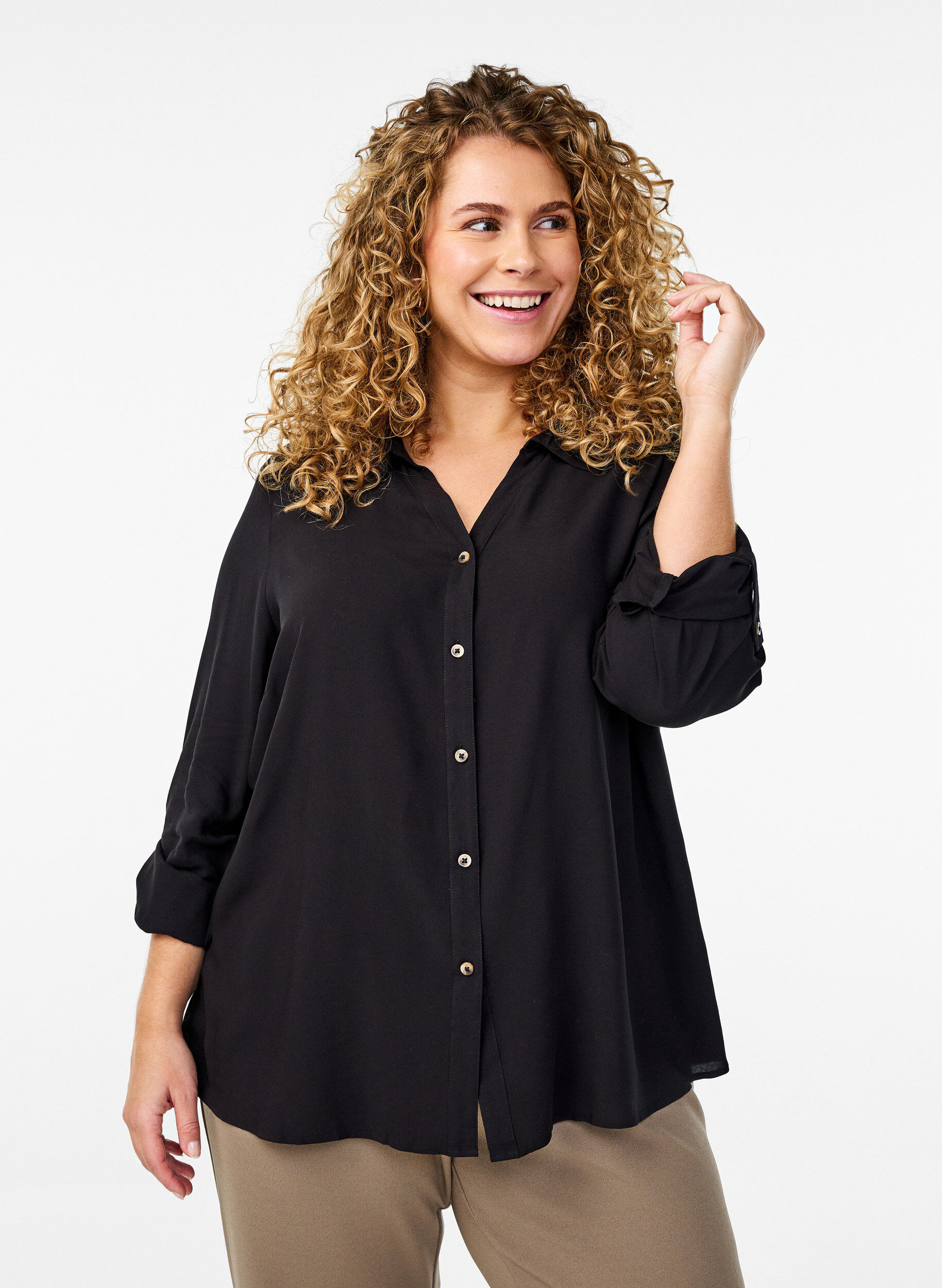 Zizzi FLASH - Shirt met lange mouwen en een V-hals, Zwart, Model image number 0