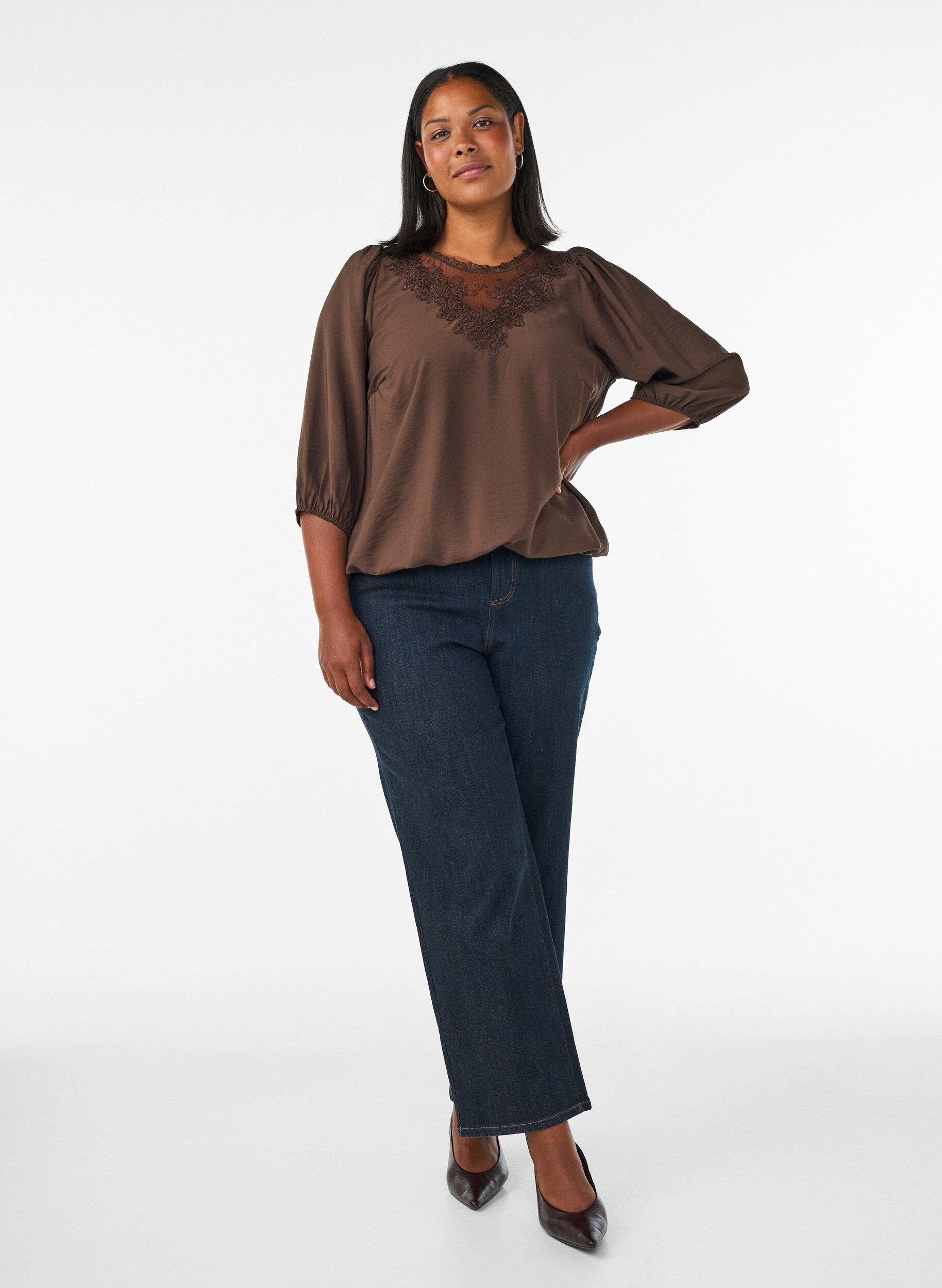 ZizziBlouse met 3/4 mouwen en kantdetails, Bruin, Model image number 1