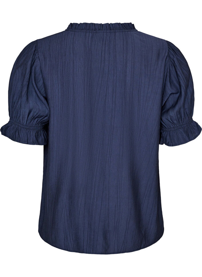 Blouse in een gekreukelde viscosemix met een V-hals, Blauw, Packshot image number 1