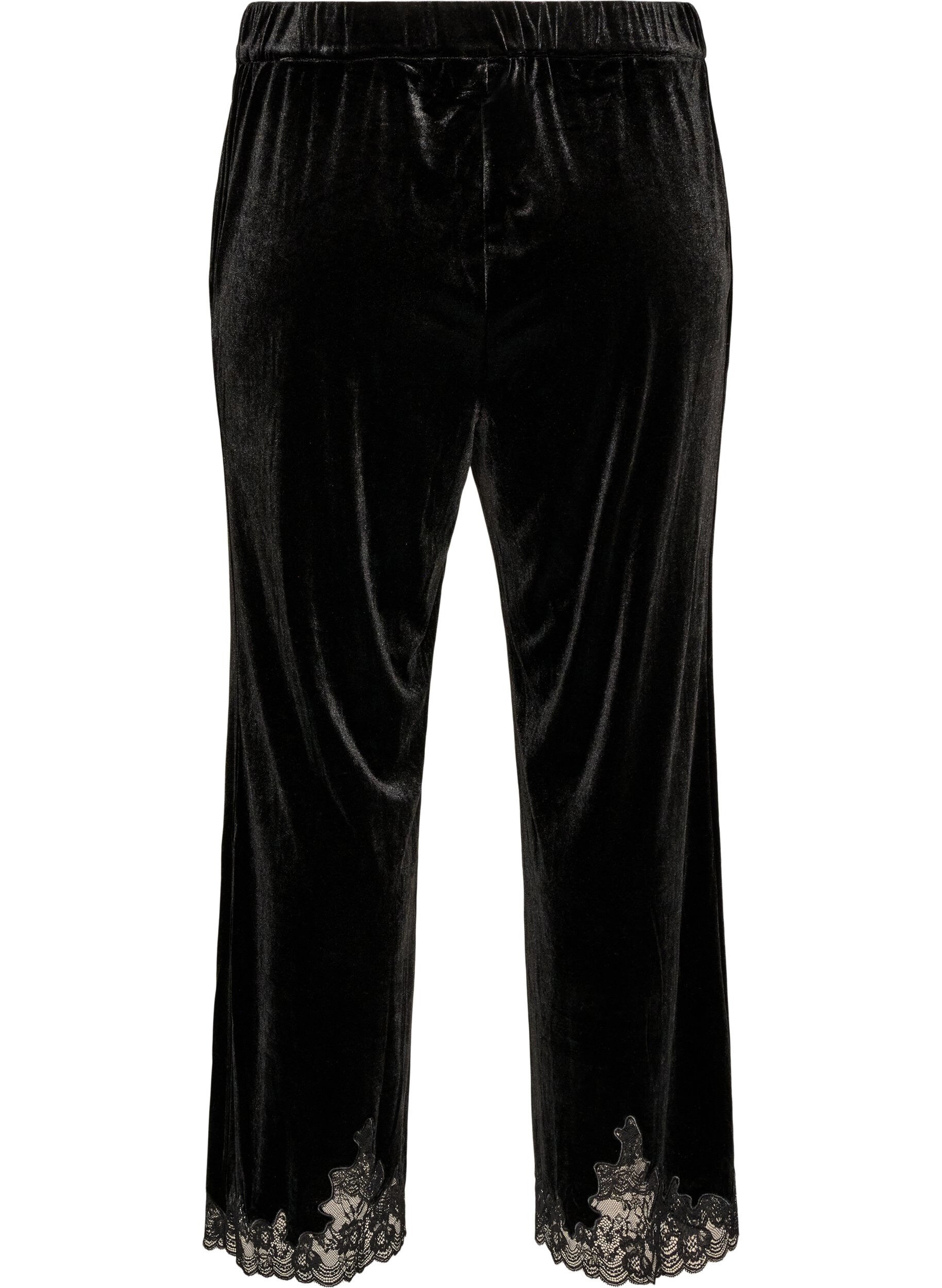 ZizziFluwelen broek met kanten rand en wijde pijpen, Zwart, Packshot image number 1