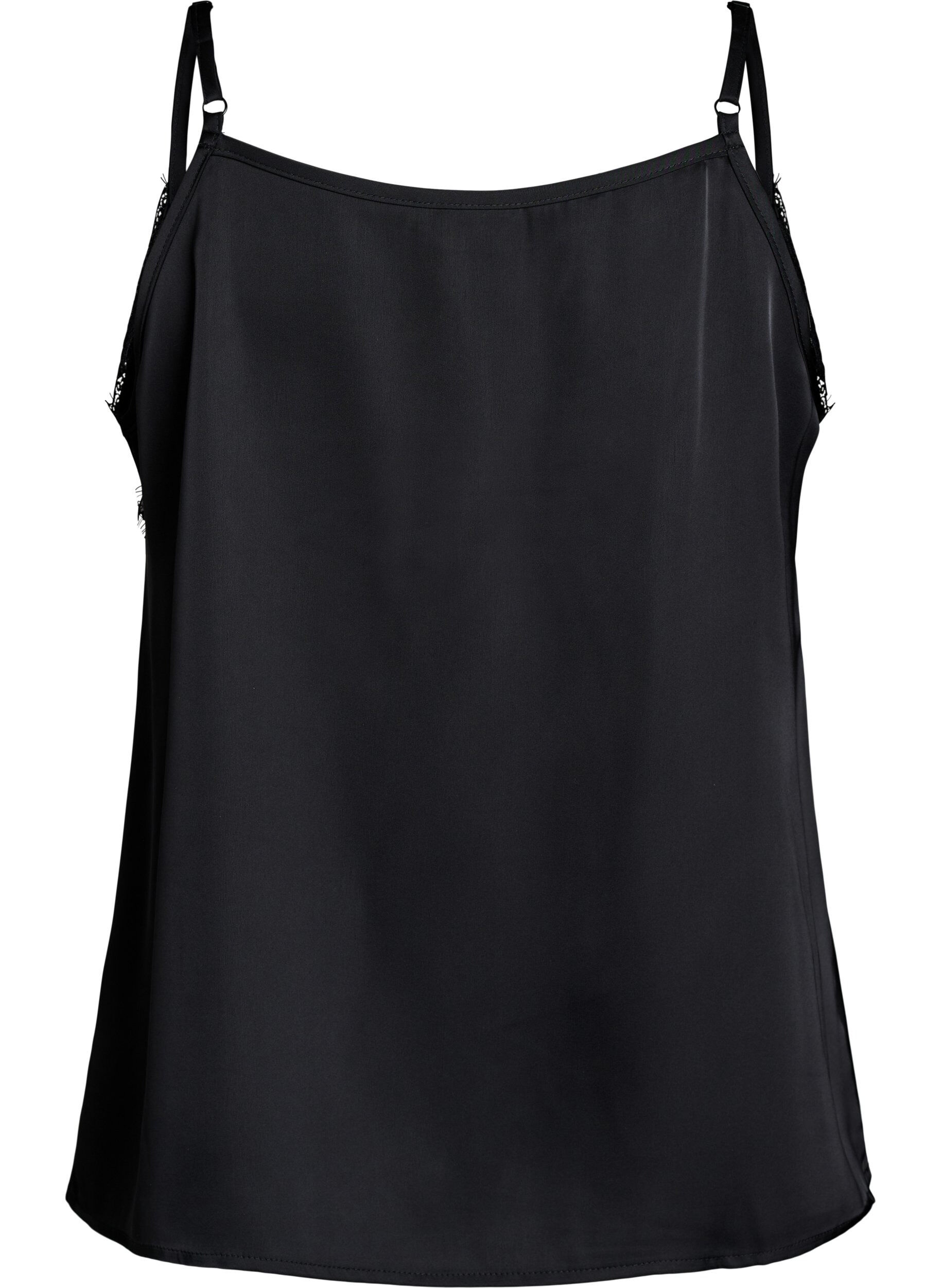 Zizzi Satijnen hemdje met kanten randje, Zwart, Packshot image number 1