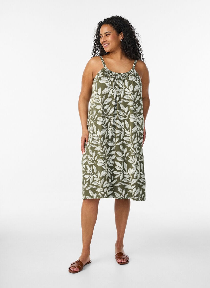 Jurk met middelhoge bandjes van biologisch katoen, Groen, Model image number 1
