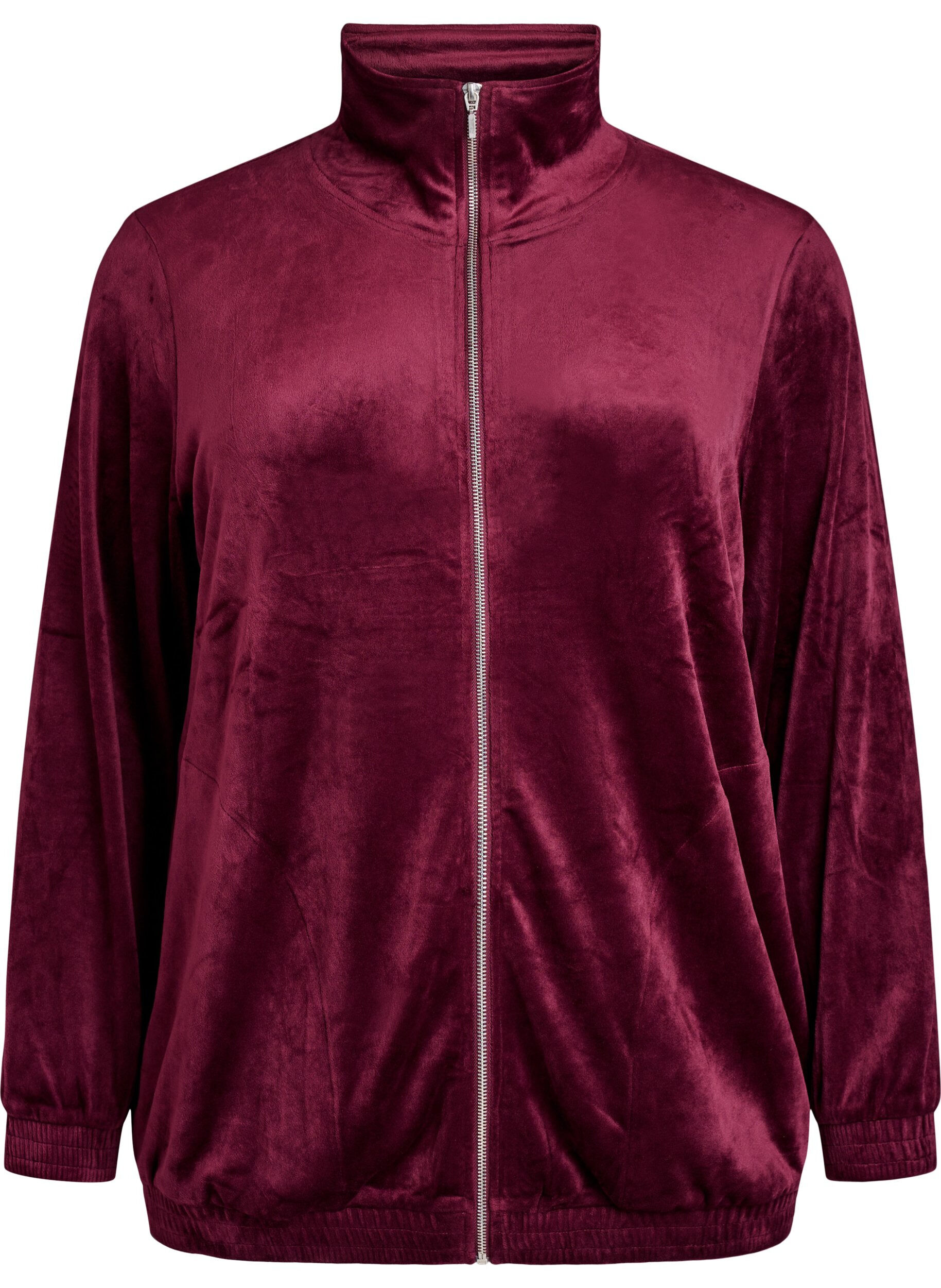 ZizziVelour cardigan met ritssluiting en hoge kraag, Donker Bordeaux, Packshot image number 0
