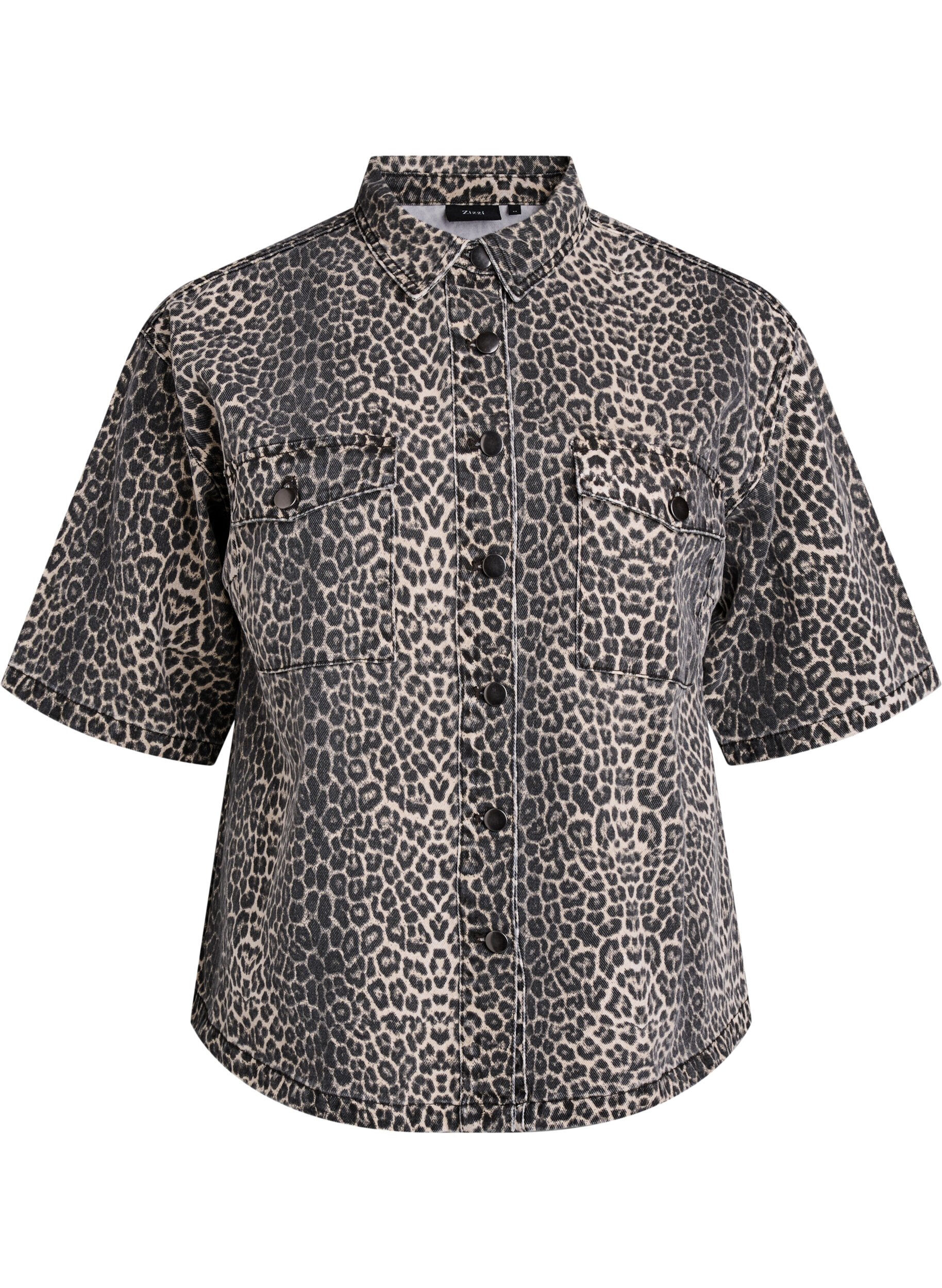 Zizzi Denimshirt met luipaardprint en korte mouwen, Bruin, Packshot image number 0