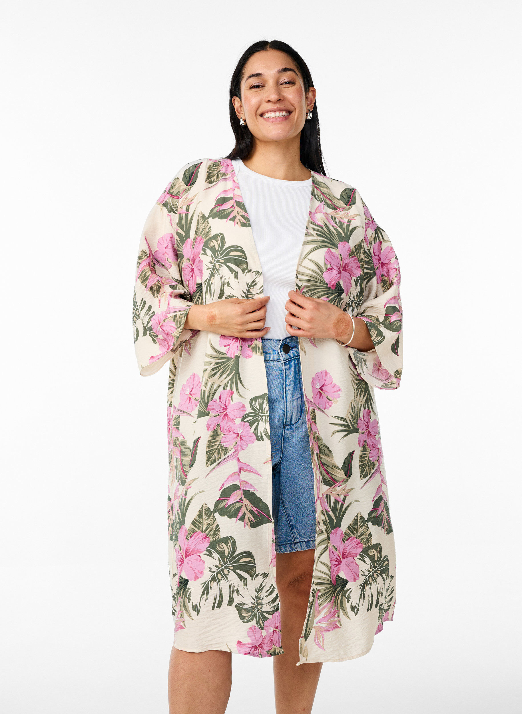 ZizziKimono van viscose met 3/4 mouwen, Vanille, Model image number 0