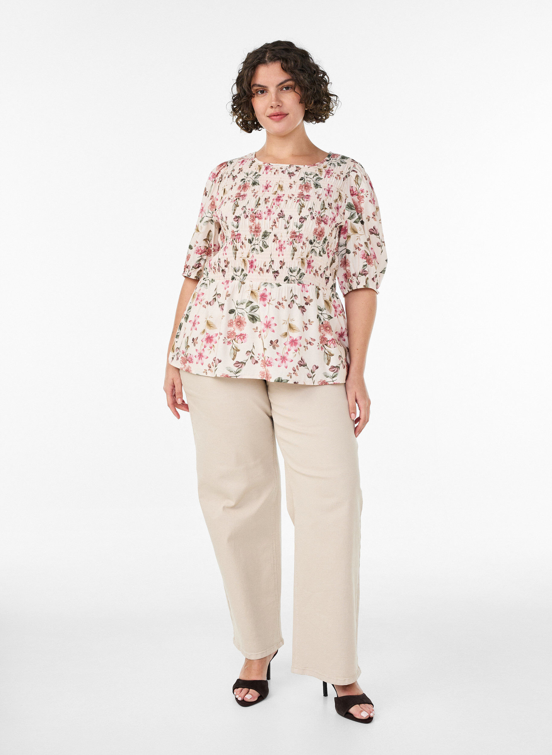 ZizziViscose blouse met smokwerk en peplum-effect, Vanille, Model image number 1