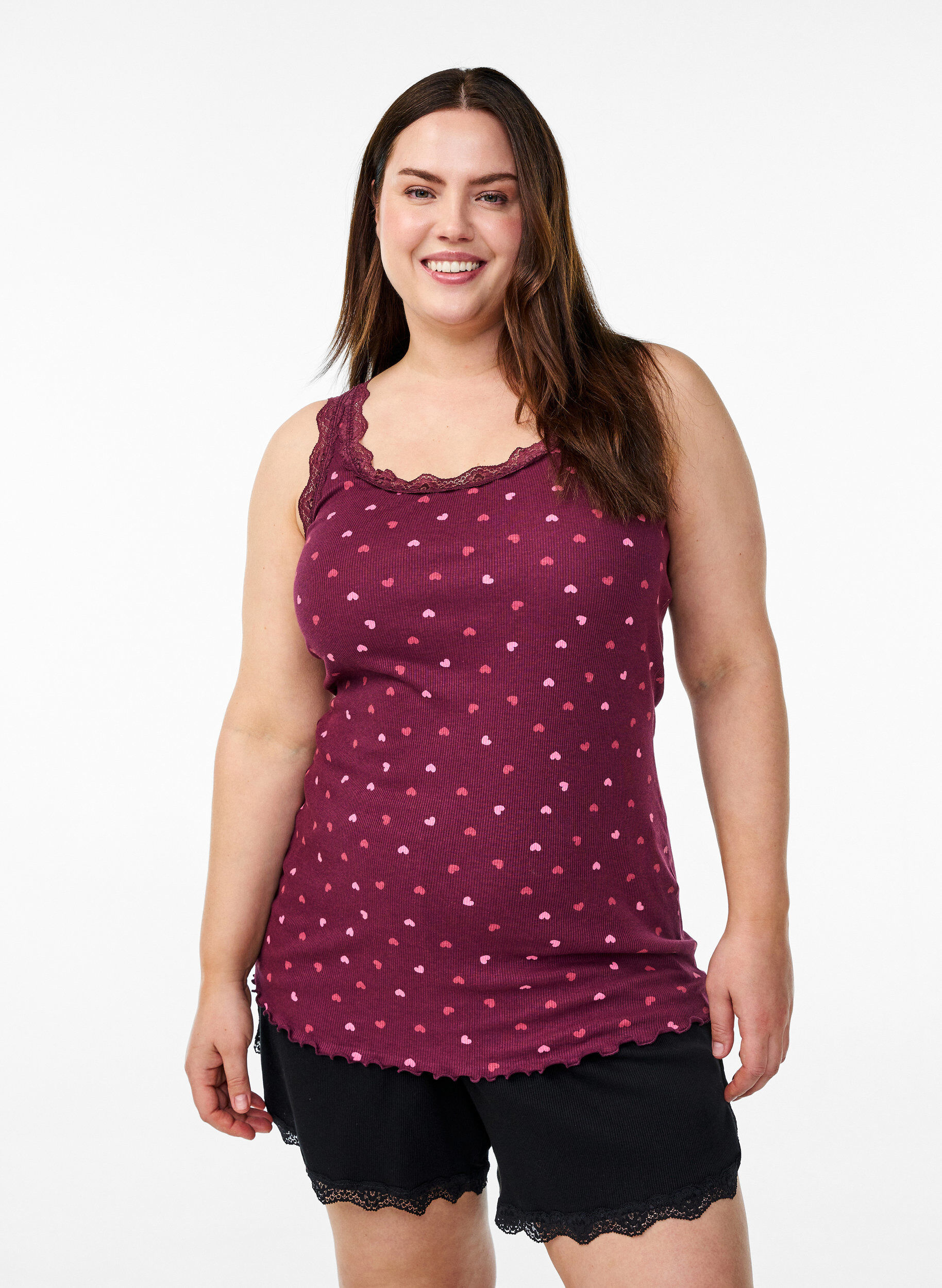 Top met print en kanten rand, Donker Bordeaux, Model